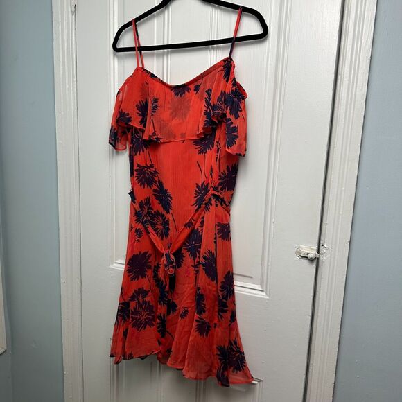 Donna Morgan Mini Dress Womens 16 Orange Navy Floral Off Shoulder Flowy Beachy - Picture 7 of 9